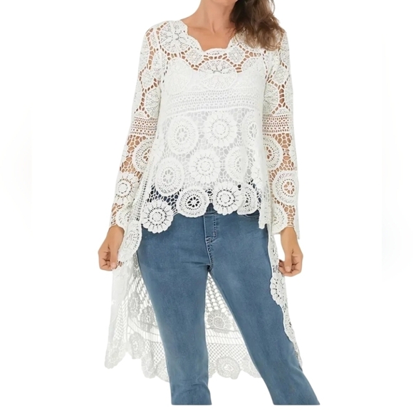 New Crochet Floral hi low Cover up Tunic white long flowy Small - Picture 2 of 6